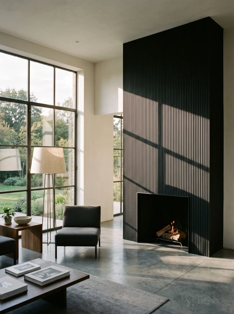 Black micro-ribbed plaster fireplace panel in a minimalist living room
