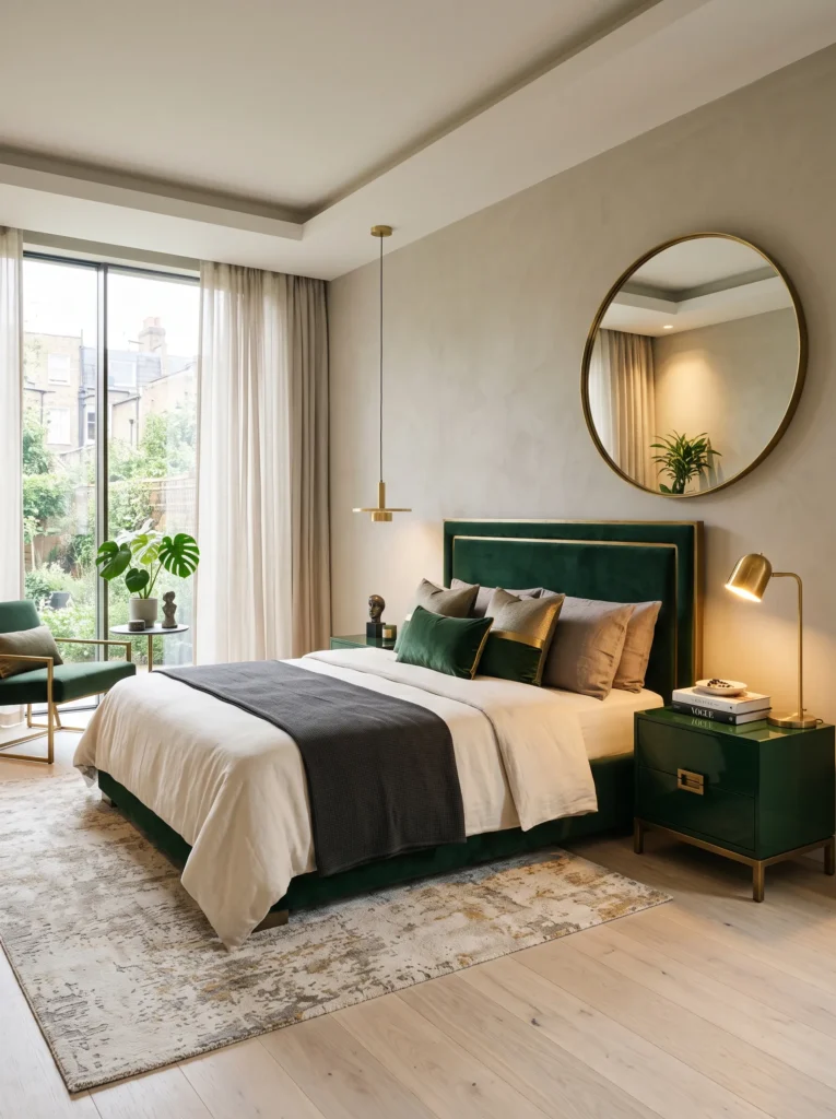 Bottle green velvet headboard with an aged brass inlay edge
