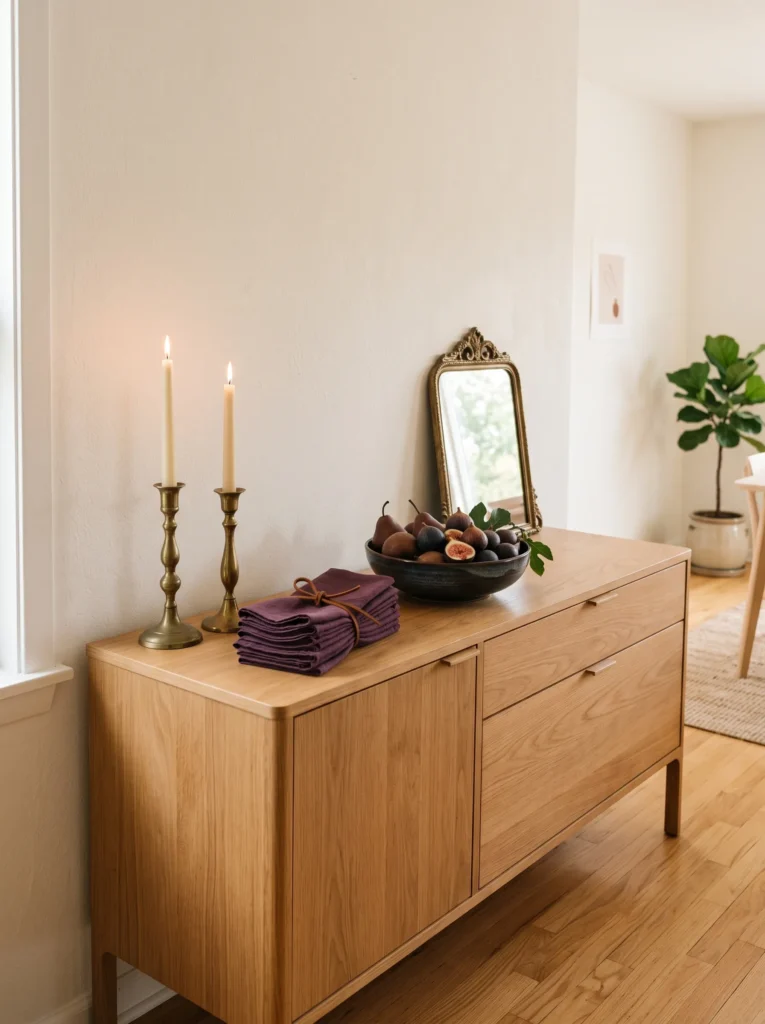 mismatched brass candlesticks styled on dining room sideboard