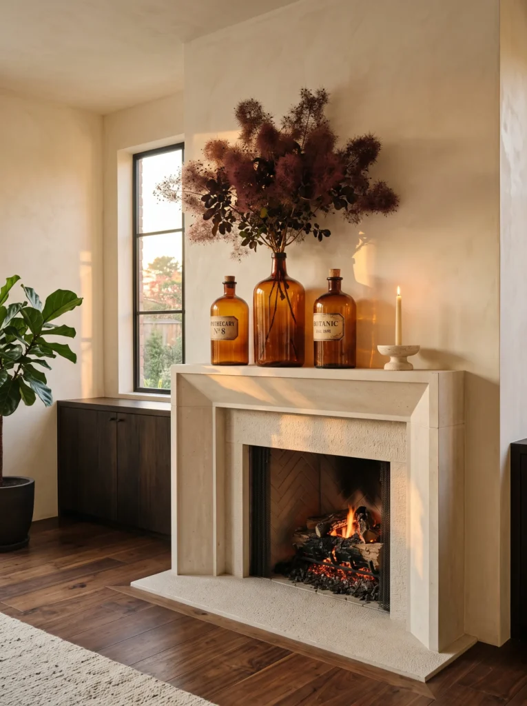 Antique amber apothecary bottles glowing on a limestone mantel