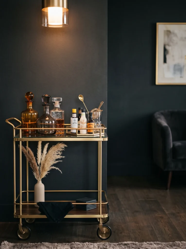 amber and smoked glass decanters styled on brass bar cart