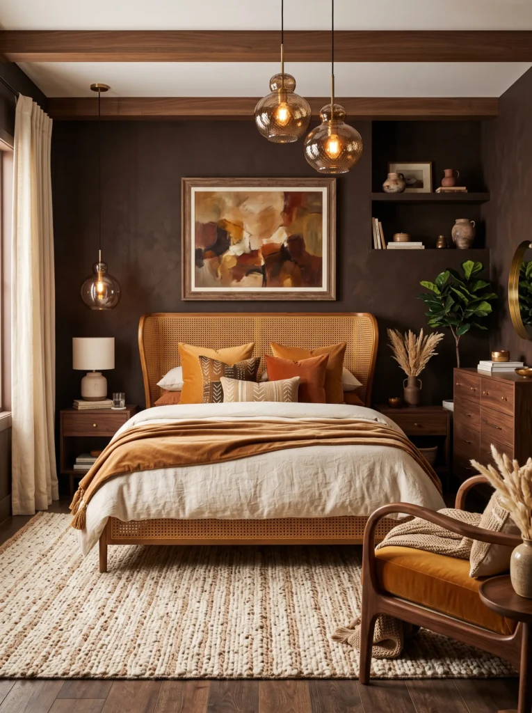 Amber velvet bedroom with honey-toned rattan headboard and brass accents