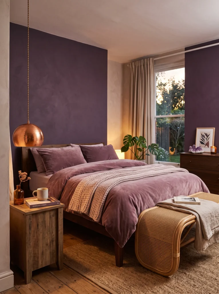 Amethyst bedroom wall with a copper pendant light over the nightstand