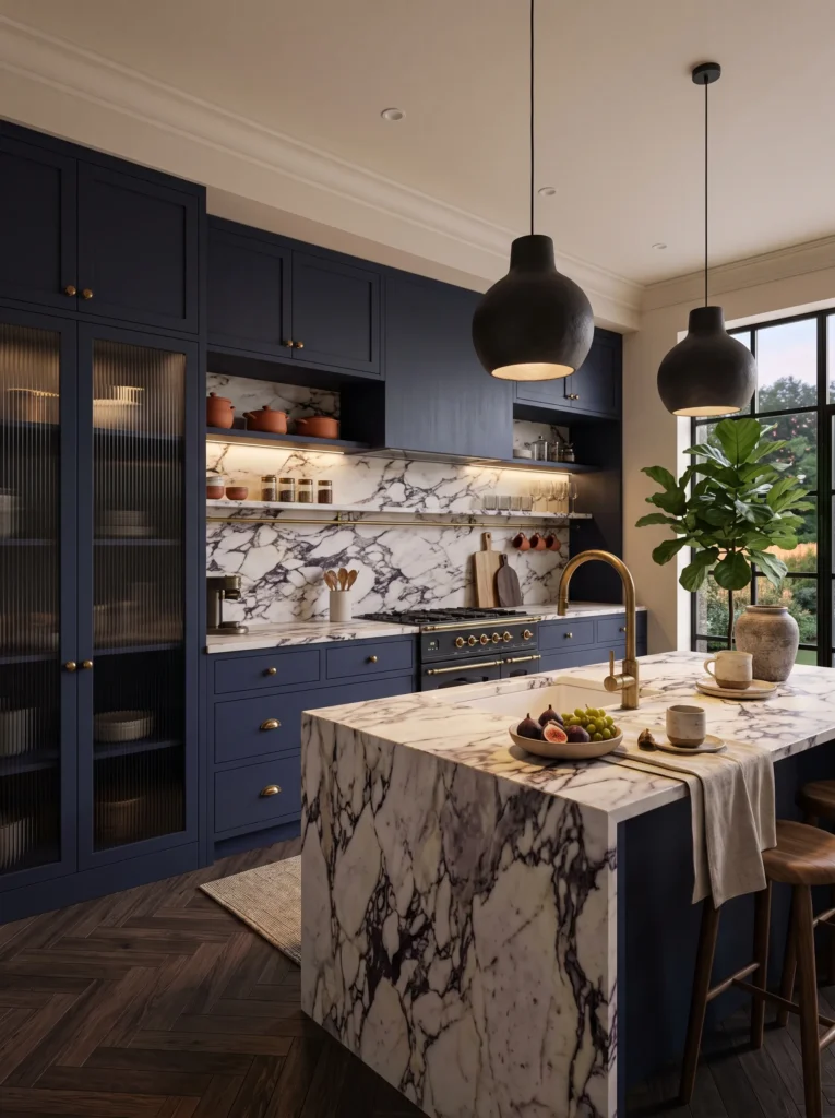Modern boho kitchen decor with midnight-indigo cabinetry, antique brass hardware, and Calacatta Viola marble backsplash.