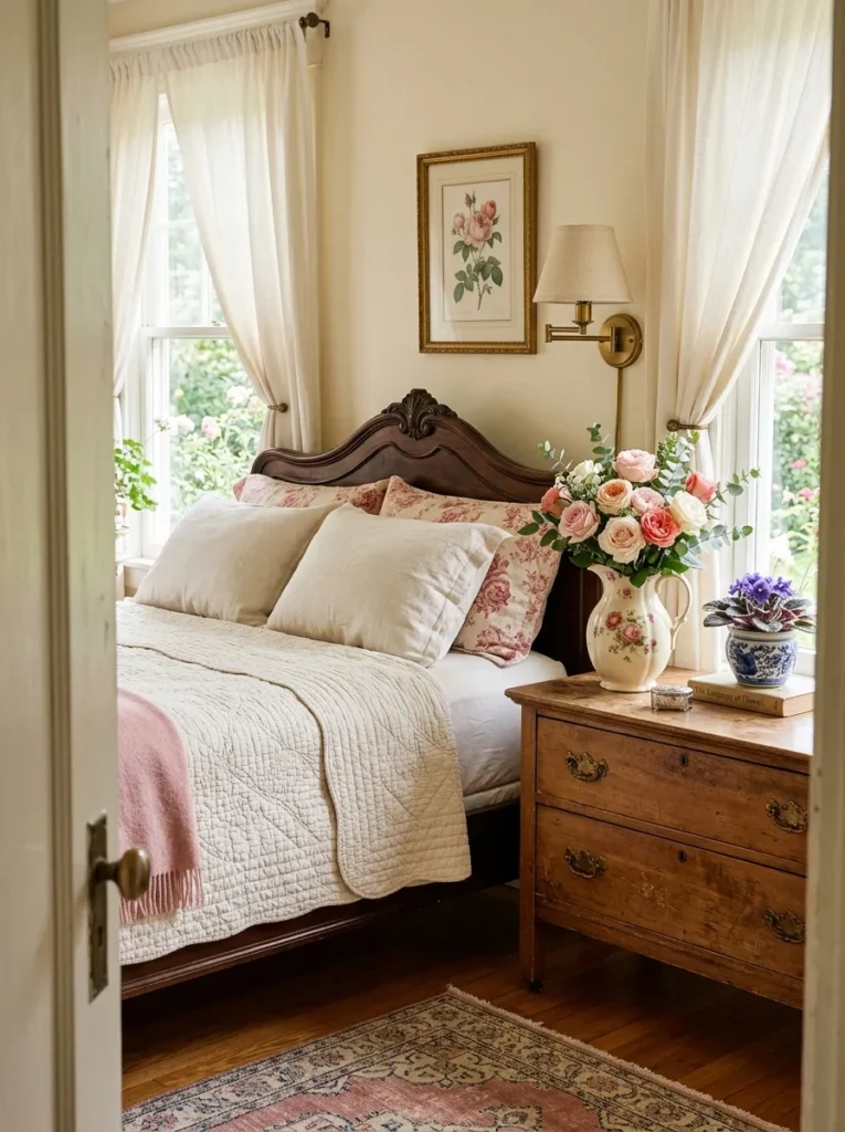 Antique rose bedroom with wood bed frame and fresh garden roses in ceramic pitcher"