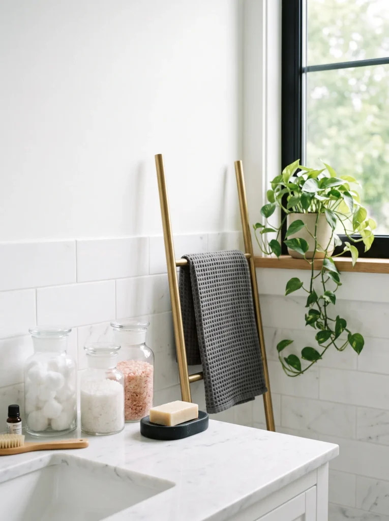 glass apothecary jars styled on bathroom counter with brass towel ladder