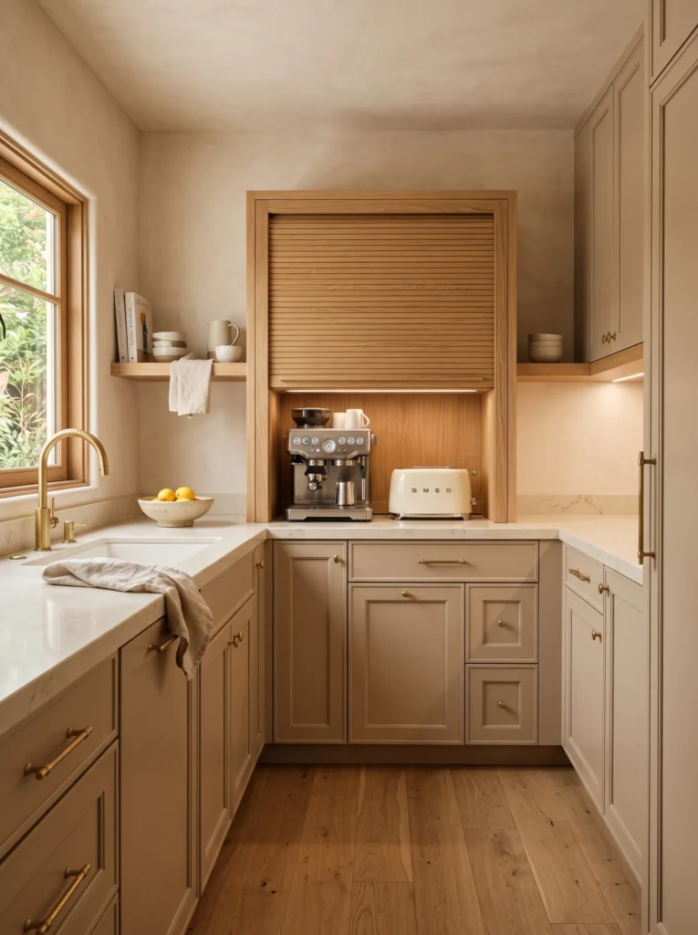 Small luxury kitchen with oak tambour appliance garage hiding coffee machine and toaster, brass hardware and plaster walls.