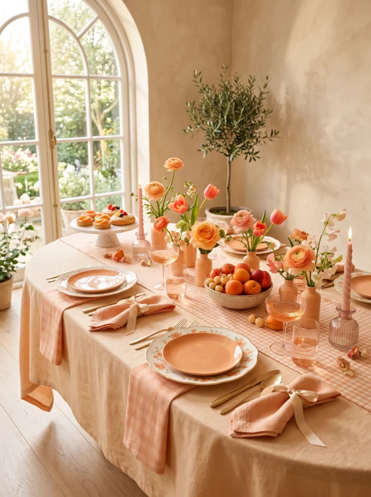 Apricot and peach toned table with watercolor floral plates and fresh nectarines