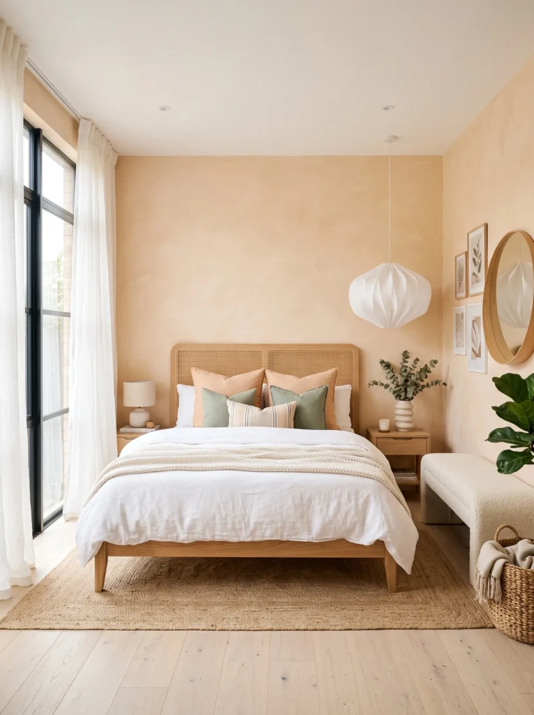  Apricot Scandinavian boho bedroom with light wood and rattan headboard