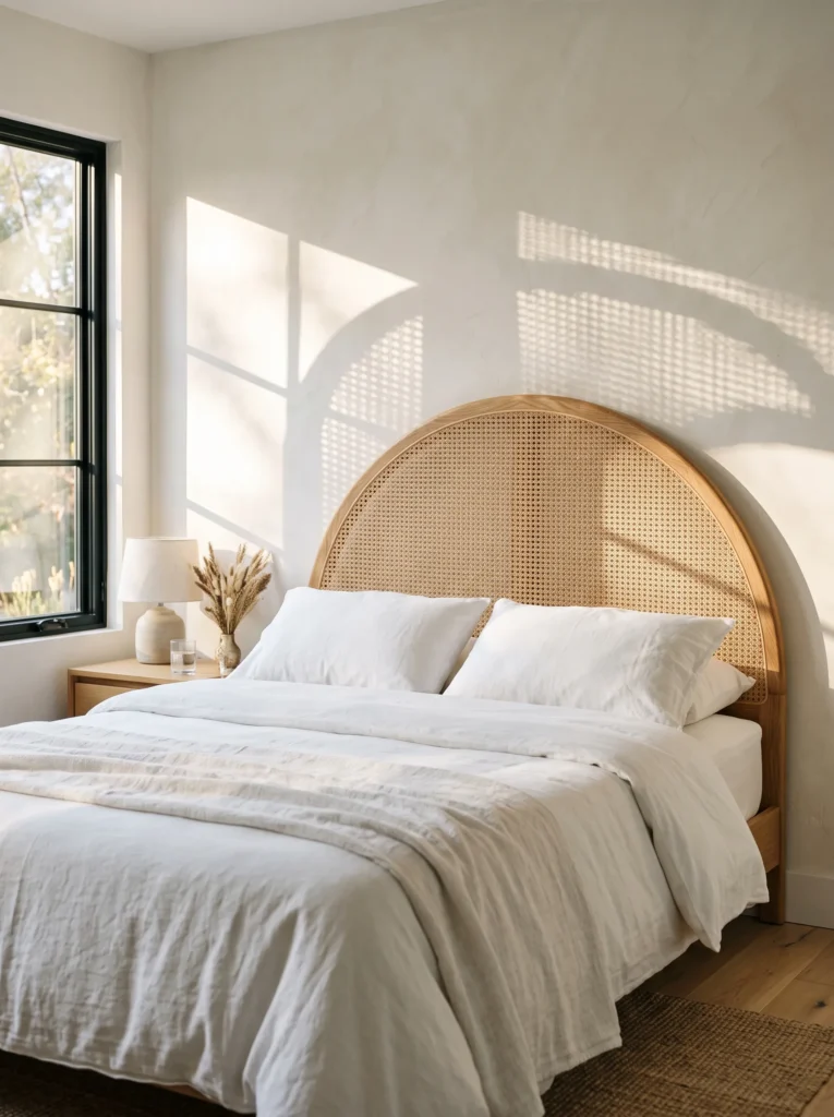 Arched cane-and-oak headboard with stone-white bedding and morning shadow patterns on the wall.