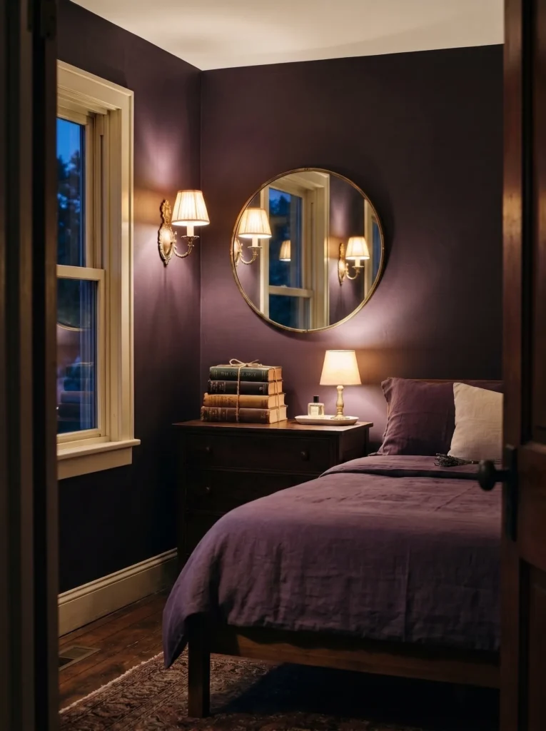 Aubergine bedroom wall with an antique foxed mirror and brass sconces