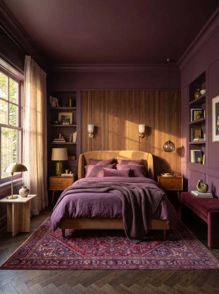 aubergine color-drenched bedroom with camel velvet bed and antique brass sconces