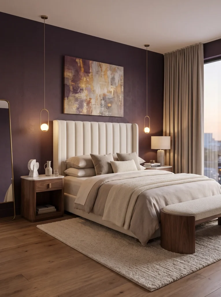 Aubergine matte bedroom with tall ivory channel-tufted headboard
