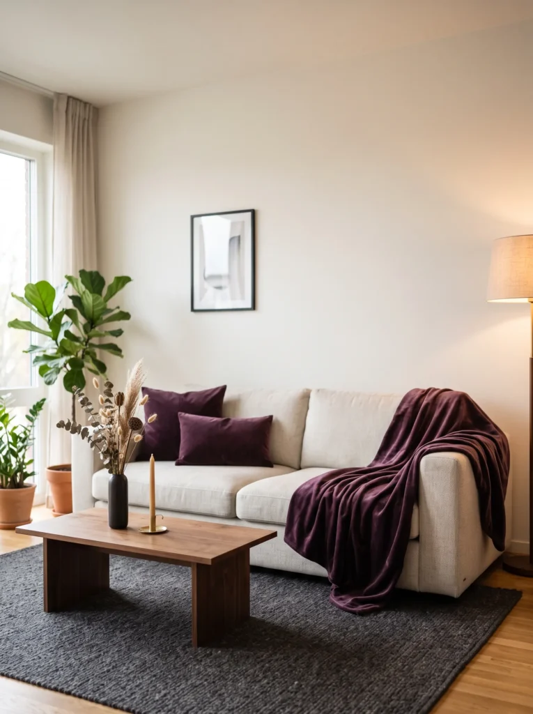 : aubergine velvet throw draped over neutral sofa with plum accent pillows