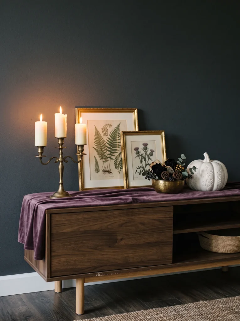 aubergine velvet console table styled with brass candelabra and gold-framed art