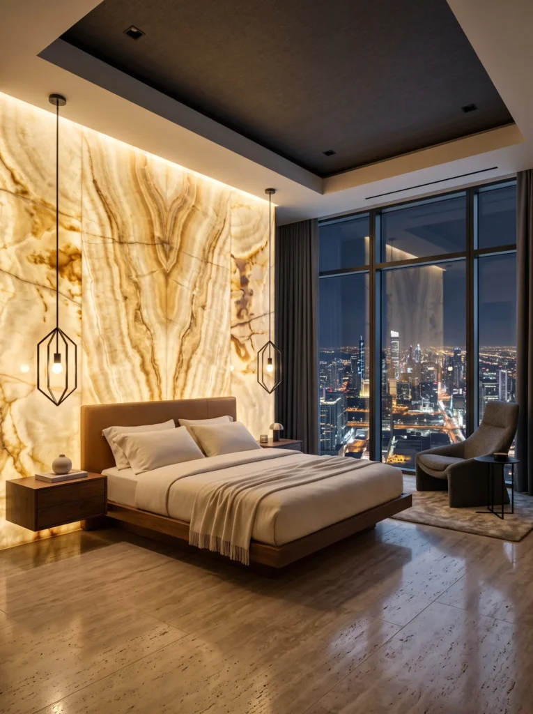 Backlit honey onyx feature wall with floating walnut platform bed