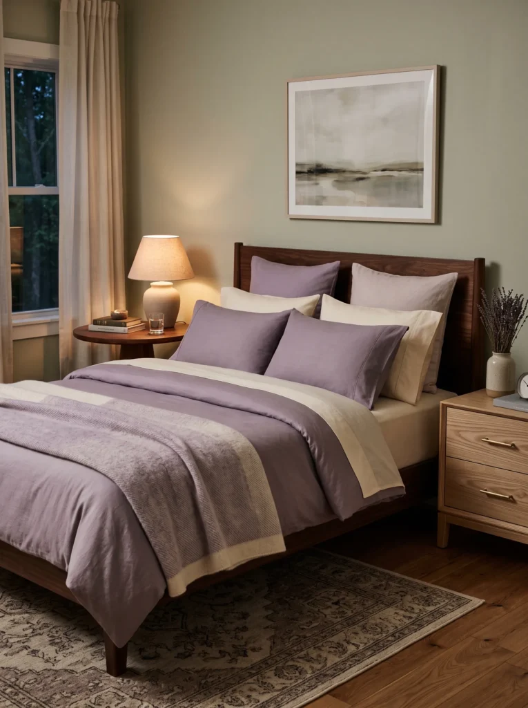Dusky lavender bedding paired with warm ivory linens