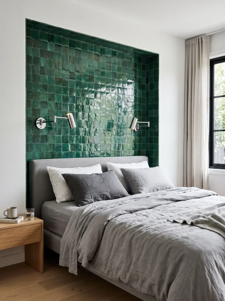 Emerald zellige tile alcove behind a bed with chrome sconces
