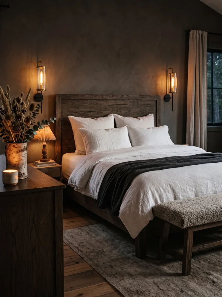 Black iron taper candle sconces beside a smoked oak bed frame