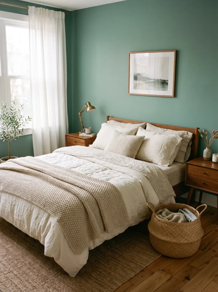 Soothing jade green bedroom walls with linen bedding and walnut nightstands