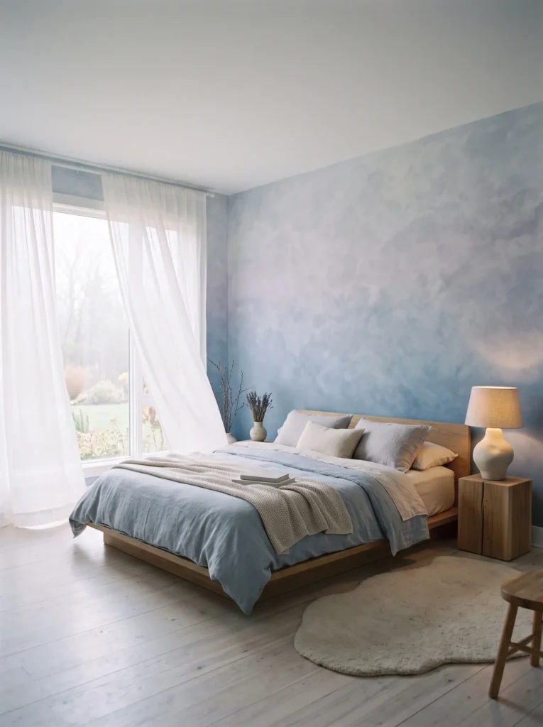 Foggy blue-grey ombre wall finish in a minimalist bedroom, dreamy misty texture