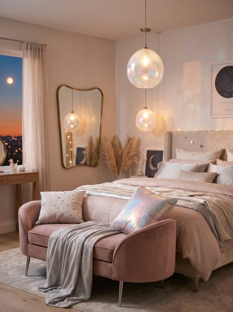 Shimmering opalescent glass pendant lamp in a soft pearl-toned bedroom