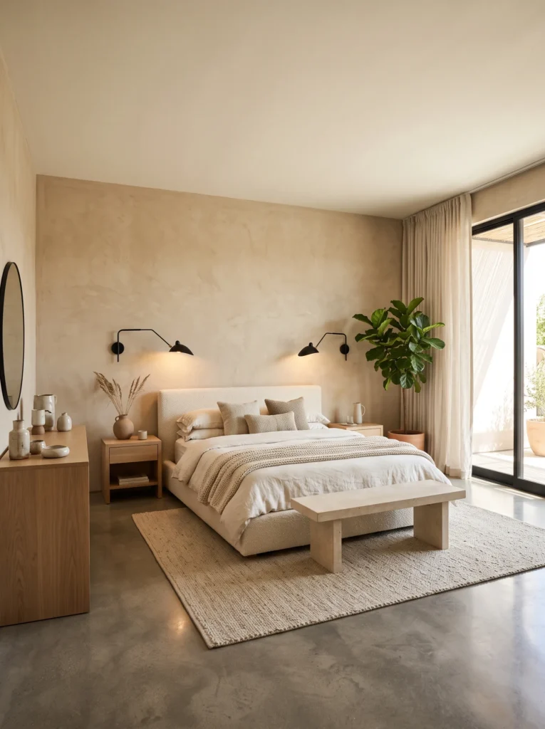 Sandstone plaster bedroom with low-profile boucle bed