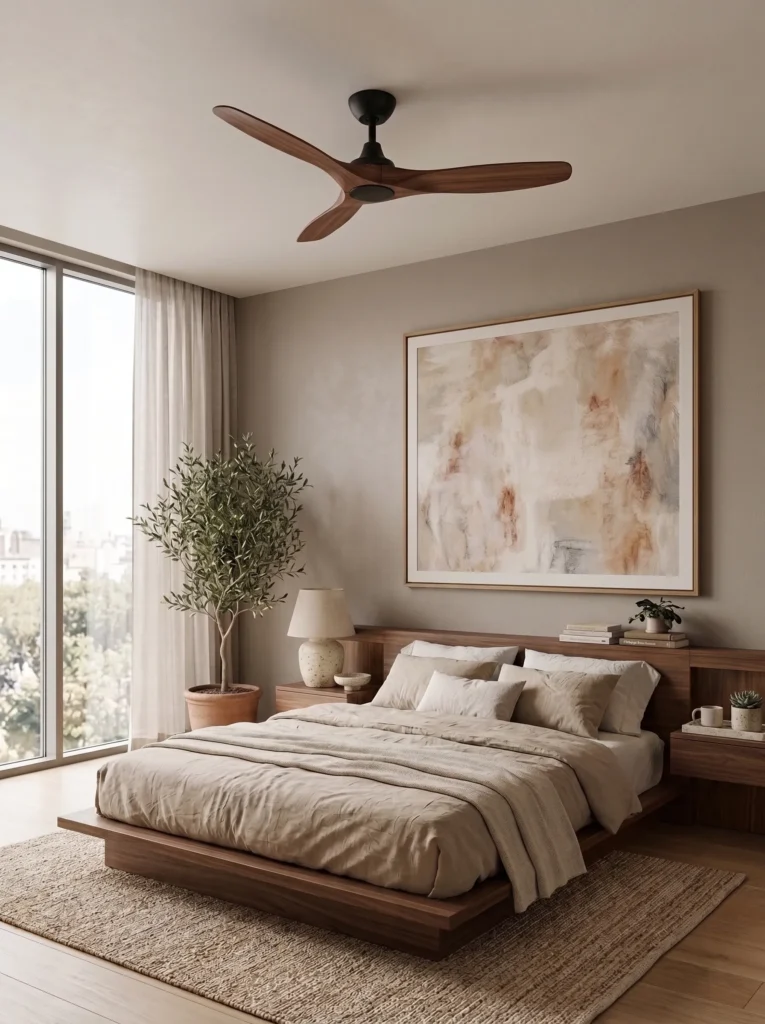 low-profile platform bed beneath a sculptural walnut ceiling fan