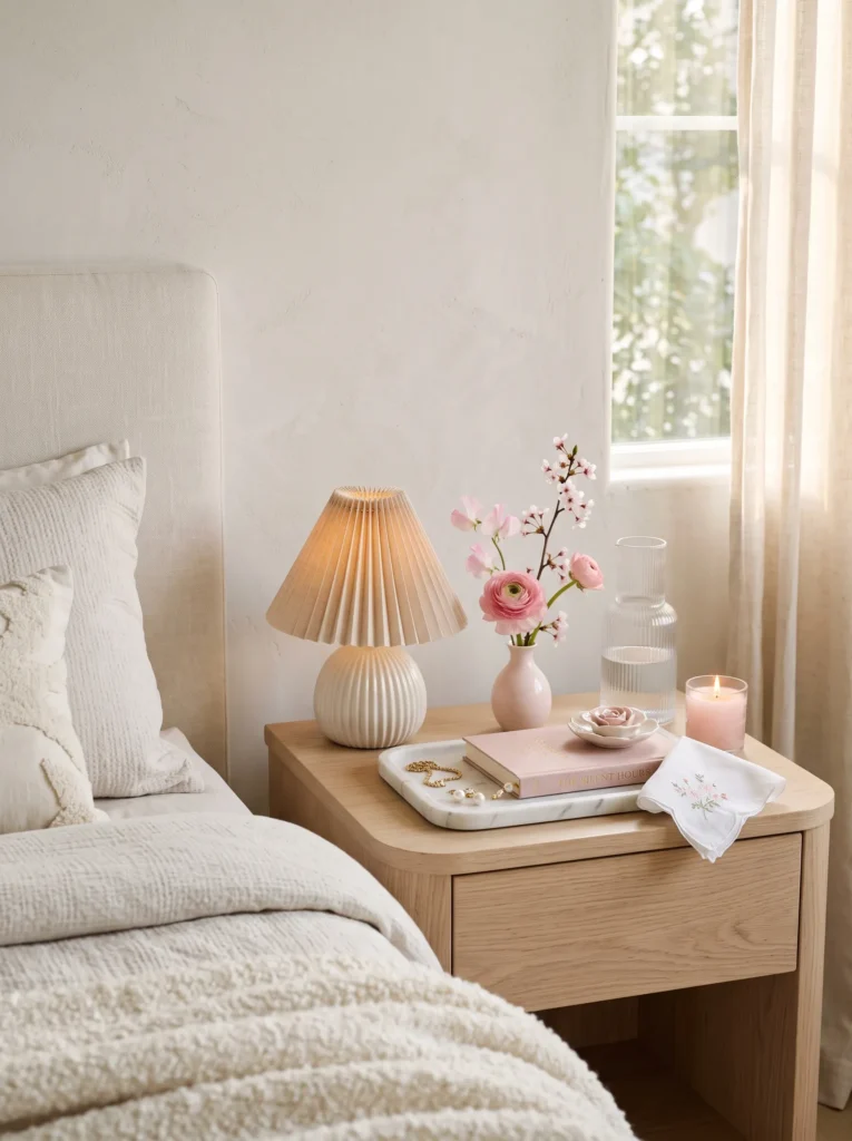 Blush bedside table styling with a pleated ceramic lamp and single floral stem