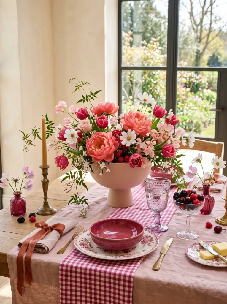 Berry blossom brunch table with raspberry glaze ceramics and coral tulips