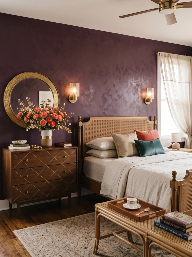 Berry-wine bedroom wall with a curved rattan headboard and coral pillow