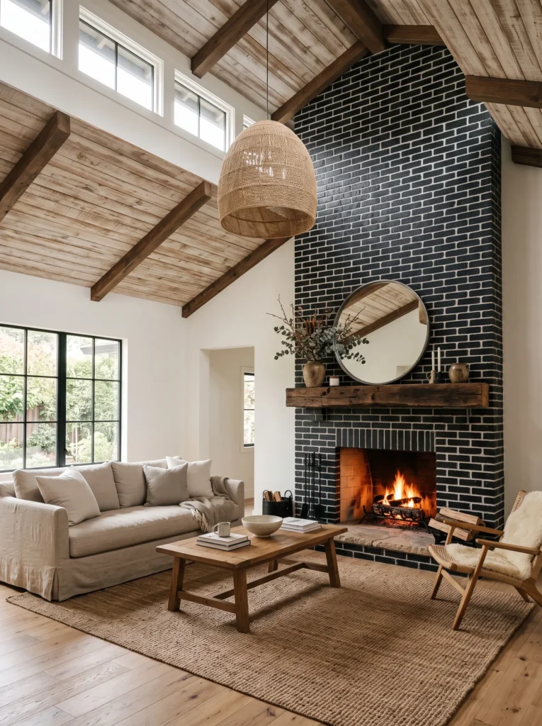 Black painted brick fireplace with whitewashed mortar in a farmhouse living room