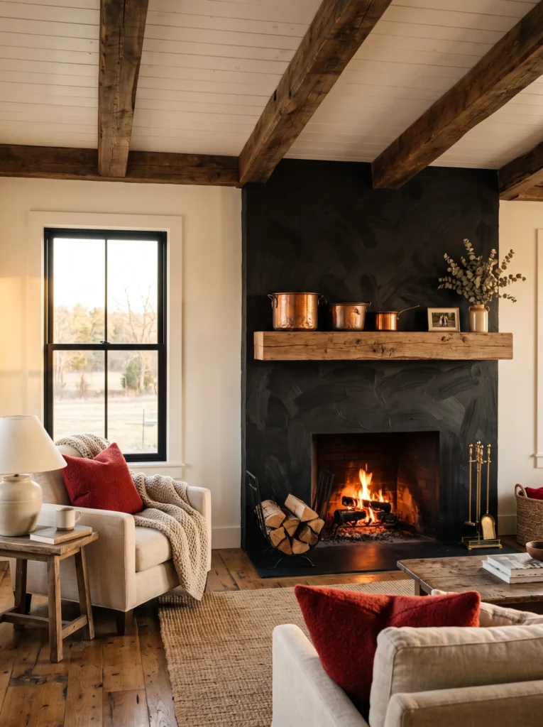Black chalk-painted fireplace with visible brushwork in a farmhouse-modern living room