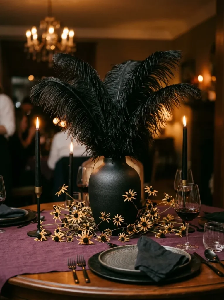Tall Black Feather Dining Table Centerpiece