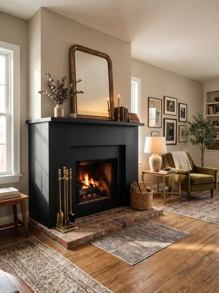 Black painted fireplace surround above an original exposed brick hearth