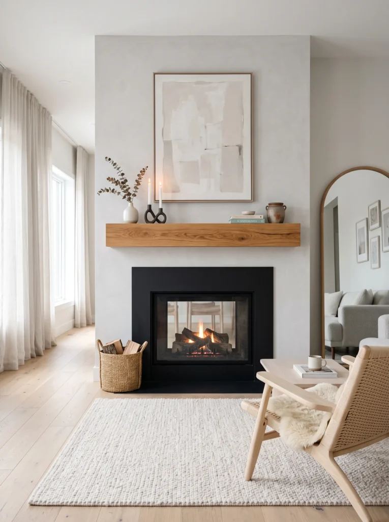 Black fireplace with a floating oak mantel in a Scandinavian living room"