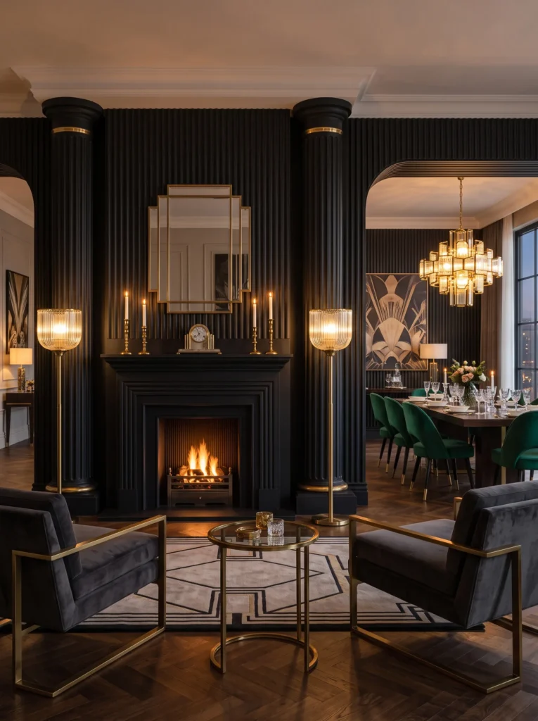 Black fireplace flanked by fluted black plaster columns in an art deco living room