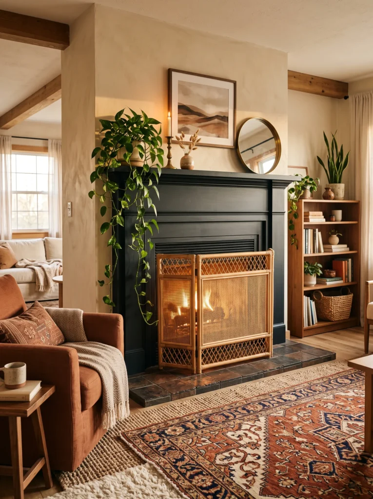 Black fireplace with a woven rattan fire screen in a bohemian living room
