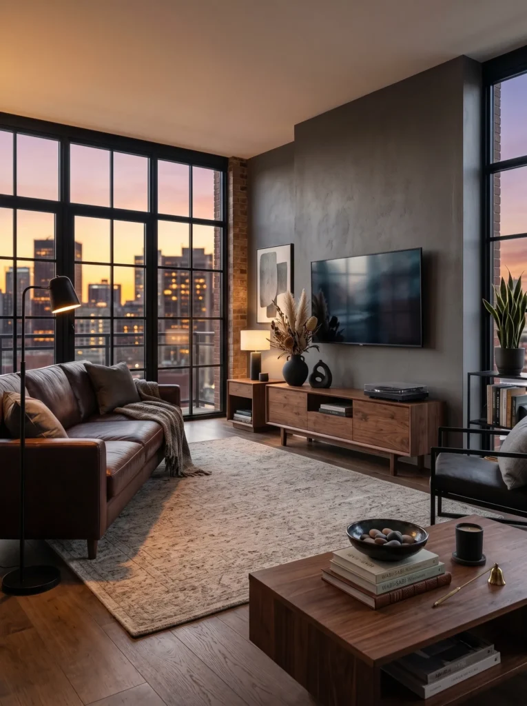 Black leather sofa and armchairs in a masculine living room with wood and metal accents