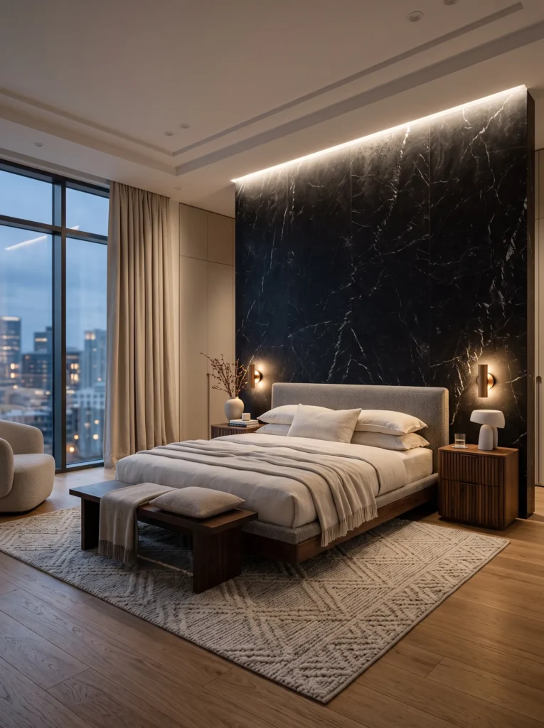 Black marble feature wall behind floating upholstered bed