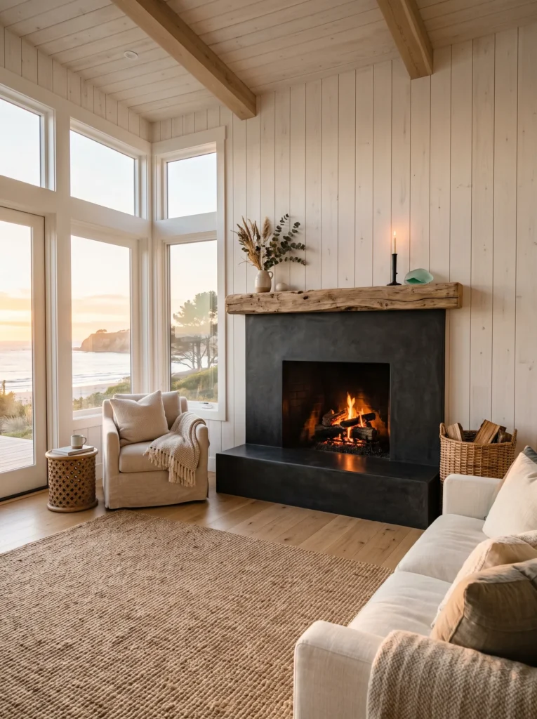 Black microcement fireplace surround in a modern coastal living room.