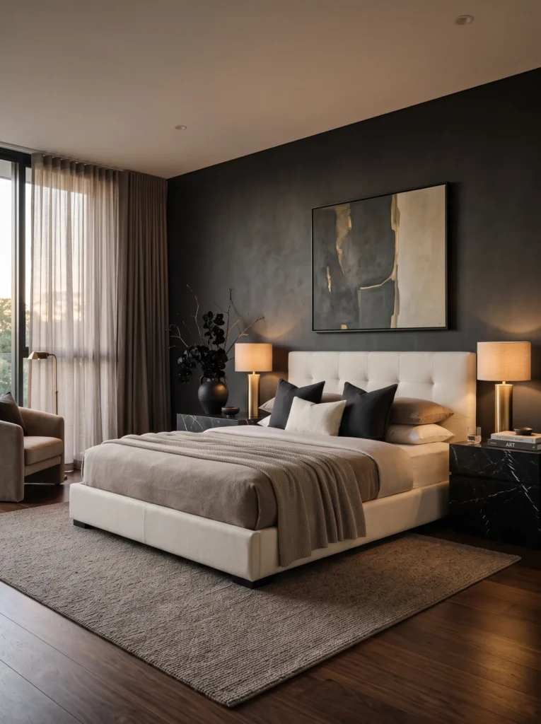 Charcoal bedroom with an ivory upholstered bed and black orchid arrangement