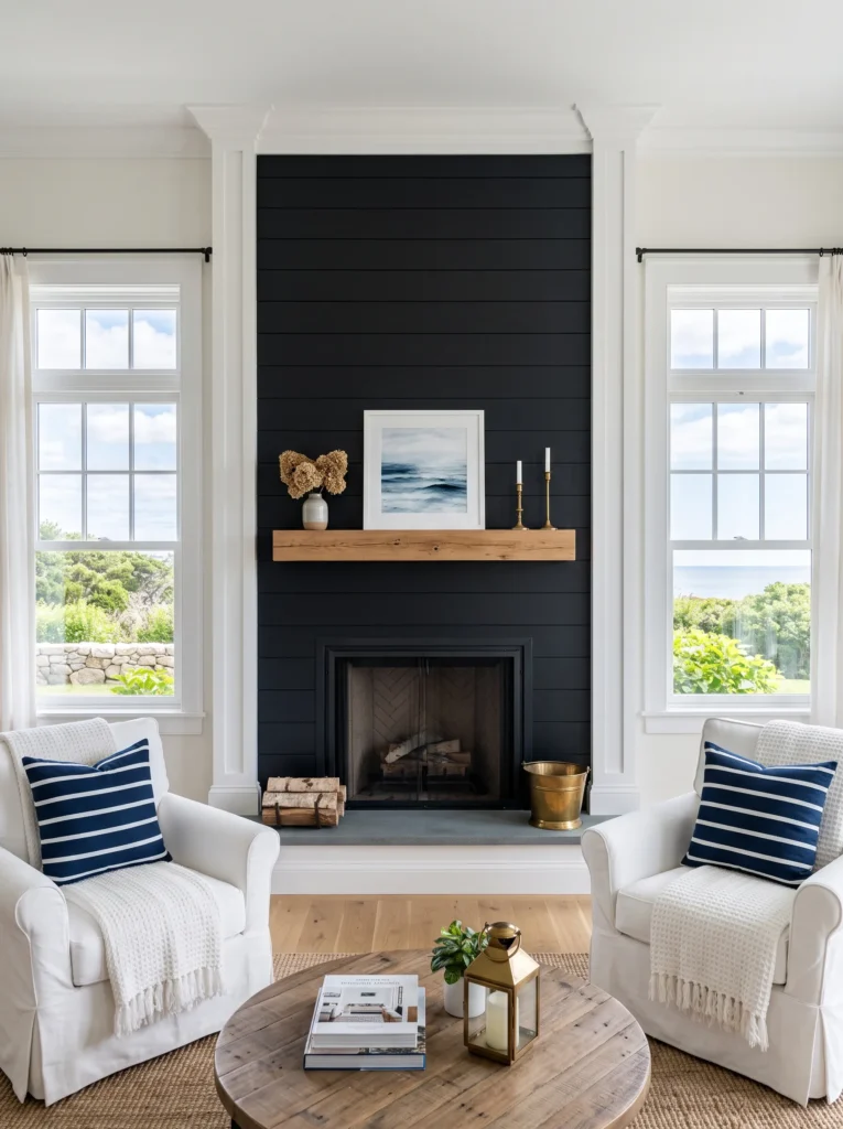Black shiplap fireplace wall framed by white trim in a coastal living room