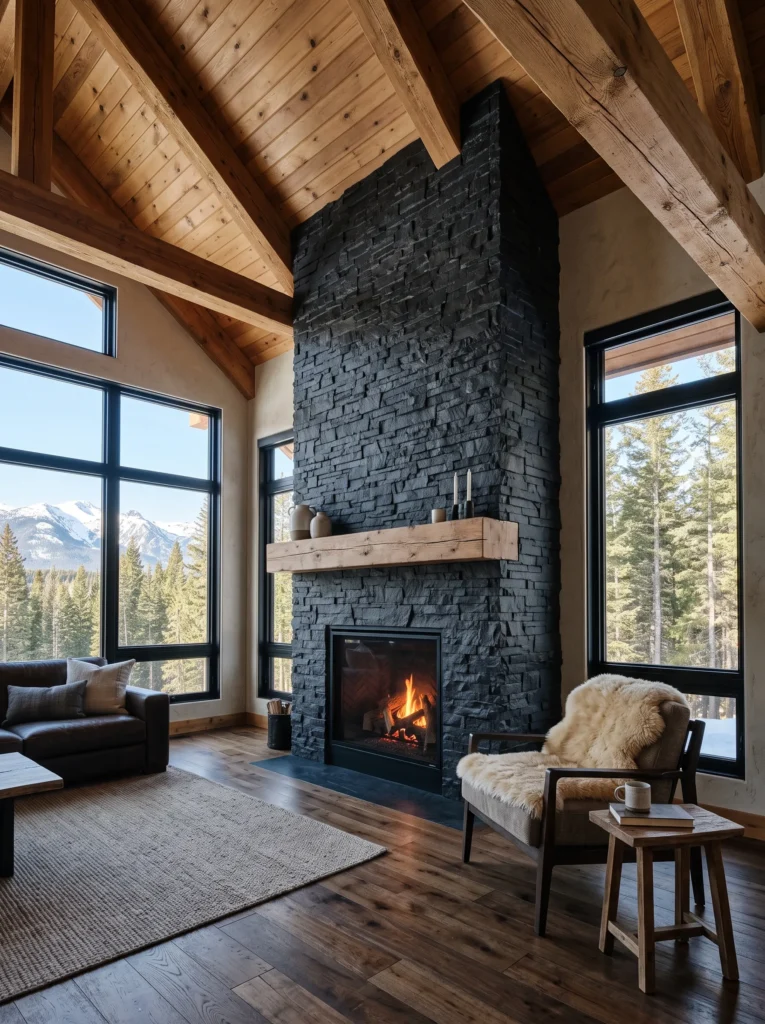 Floor-to-ceiling black slate stacked stone fireplace in a mountain cabin"