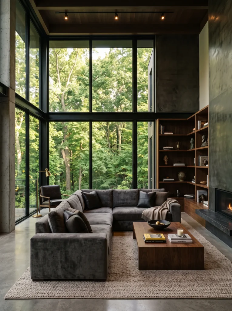 Floor-to-ceiling black steel-framed windows overlooking greenery in a modern living room