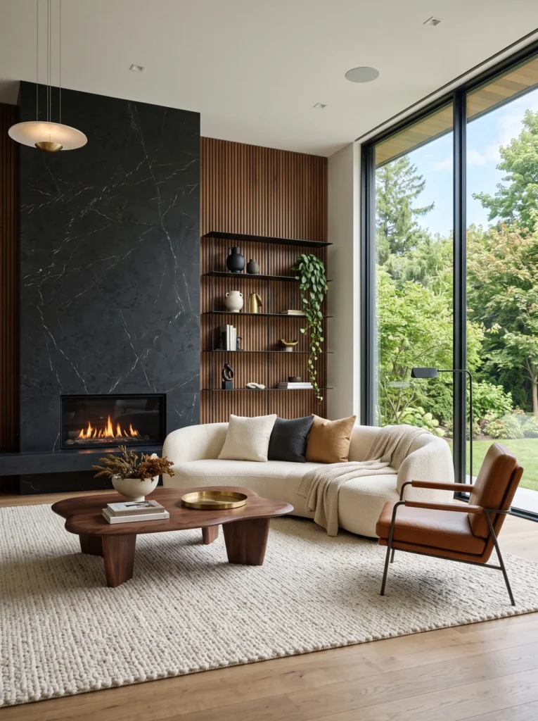 matte black stone fireplace in a modern living room with ivory sectional
