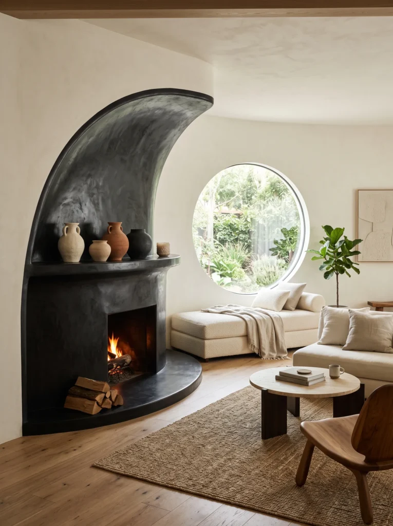 Curved black tadelakt plaster fireplace niche in an organic modern living room