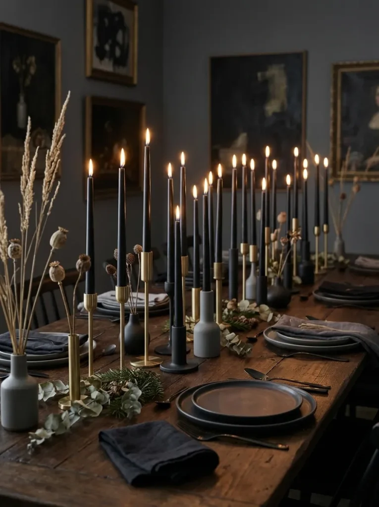 Dramatic Black Taper Candle Arrangement