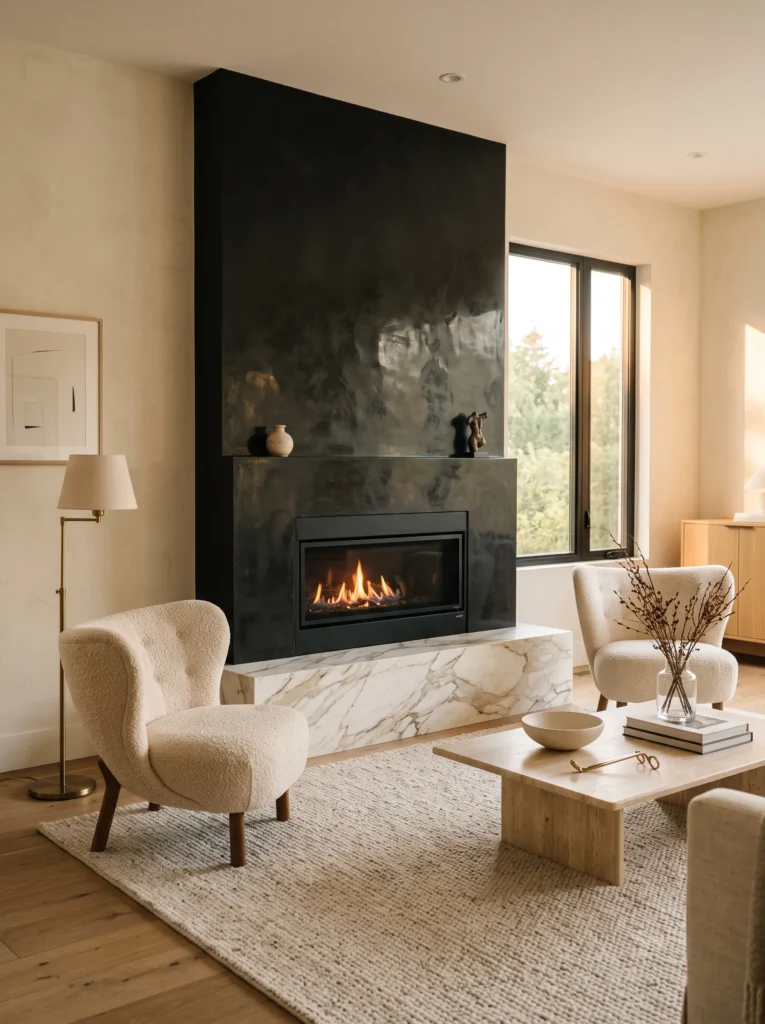 Polished black Venetian plaster fireplace above a marble hearth