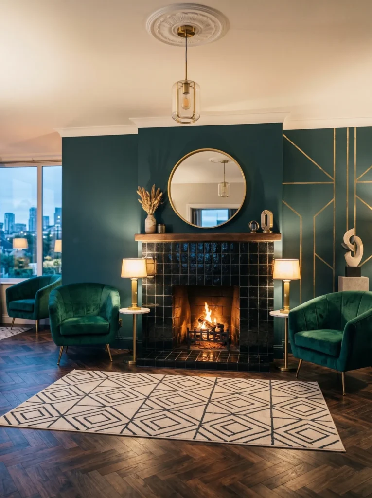 Handmade black zellige tile fireplace surround in an art deco living room